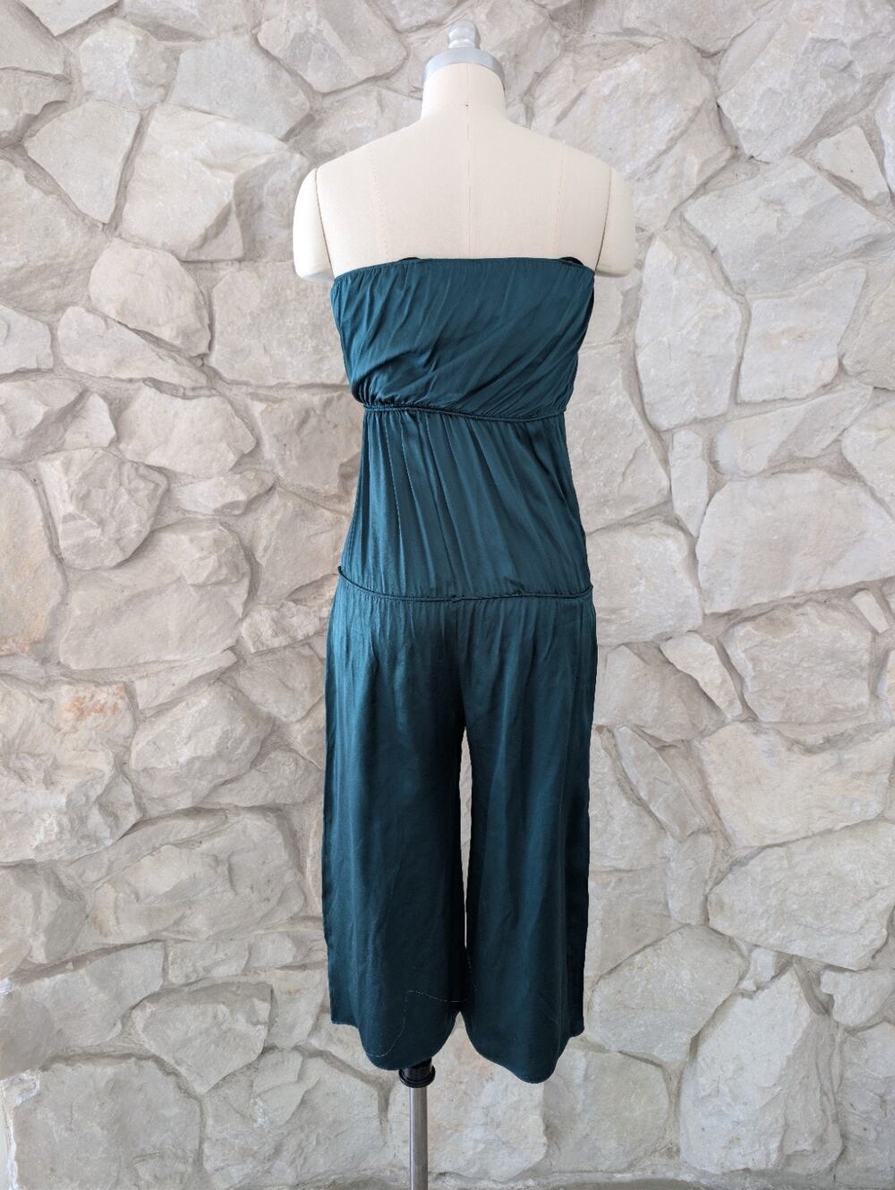 2000s Vintage Green Silk Strapless Jumpsuit